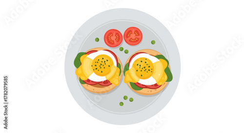 Vector illustration of eggs benedict breakfast with tomatoes and greens