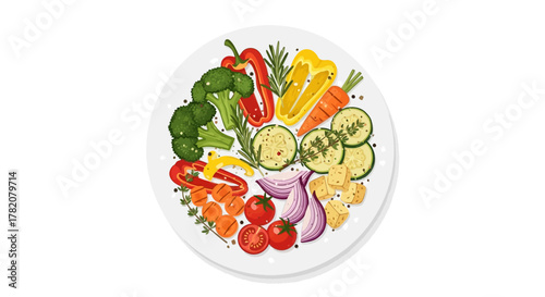 Colorful assortment of fresh vegetables arranged on a white plate