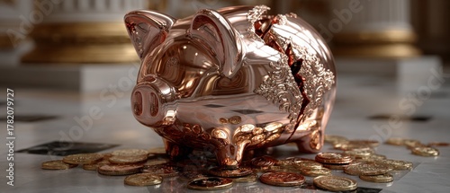 Fragile finances: the symbolism of a broken piggy bank overflowing. Rich texture. Cracked piggy bank story: visualizing financial hardships and new challenges. Premium design. Elegant outfit.