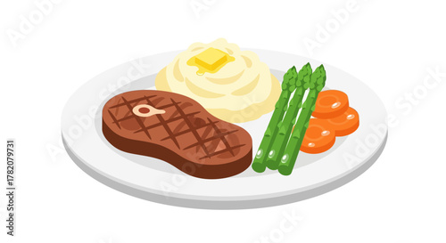 Vector illustration of steak dinner with mashed potatoes and vegetables