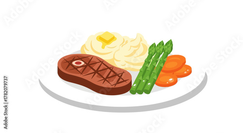 Illustration of steak dinner with mashed potatoes and vegetables