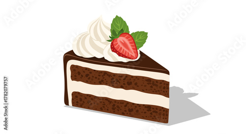 Slice of chocolate cake with cream and strawberry garnish