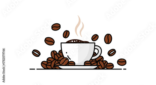 Vector illustration of coffee cup with beans and steam