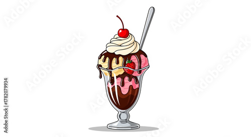 Delicious ice cream sundae with cherry in glass cup illustration