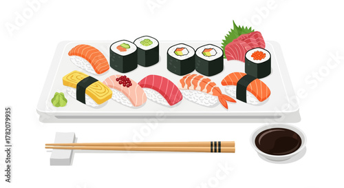 Assorted Sushi Platter with Chopsticks and Soy Sauce on White Background