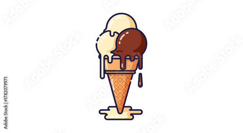 An ice cream cone with melting vanilla  chocolate scoops