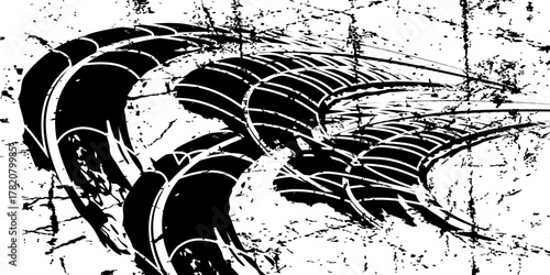 Tire tracks, motorbike wheel or car tread marks, grunge vector. Bicycle or motocross road rally tire tracks, speed motorbike racing rubber track pattern, traction tires in black.eps10