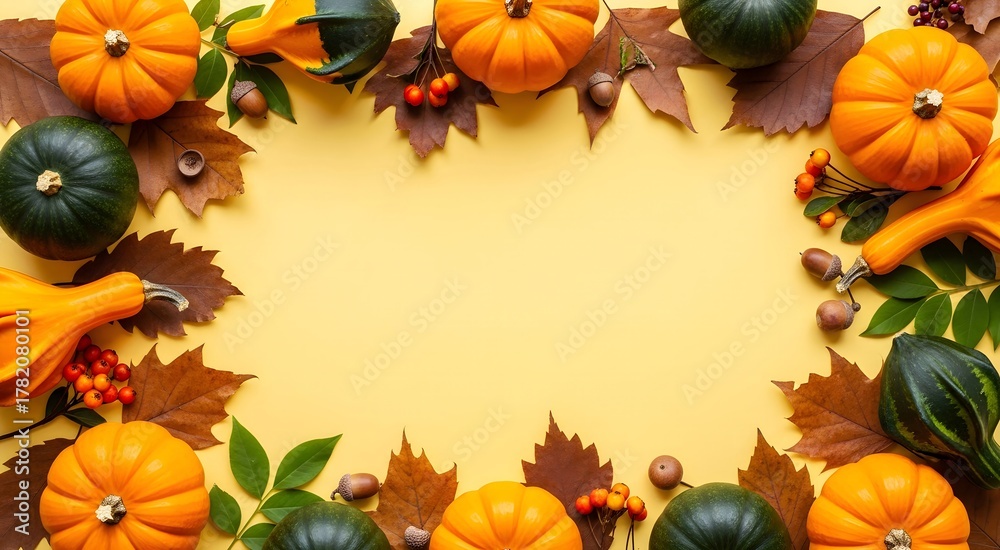 Obraz premium Frame of colorful autumn leaves and pumpkins on pastel yellow background, banner template for Thanksgiving autumn harvest Halloween or seasonal invitation, with copyspace for text.