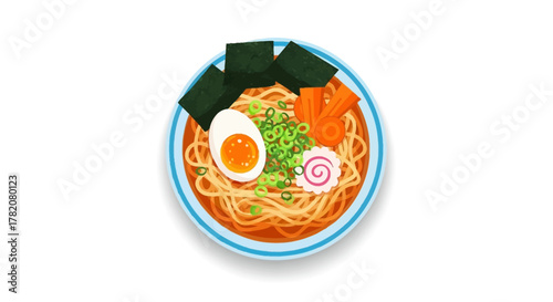 Bowl of ramen with egg seaweed carrots fish cake and green onions