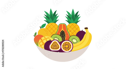 Bowl of vibrant fruit assortment pineapples kiwi mango passion fruit banana papaya orange