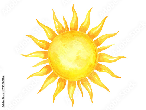 Watercolor bright yellow sun rays illustration, warm radiant sunlight, hand painted on white background, perfect for summer or cheerful creative projects.