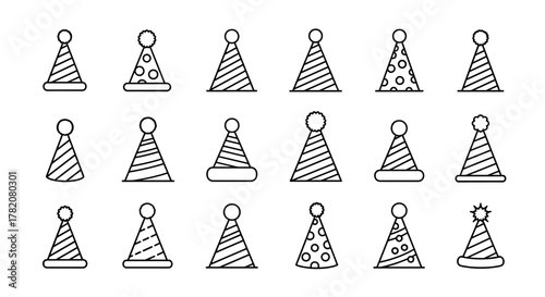 Collection of simple, isolated line art party hats suitable for web, books, cards, and apps. This editable stroke vector cartoon illustration features various hat designs with pom-poms and patterns