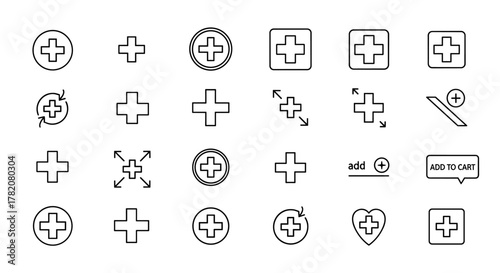 Plus sign line icon pack, outline signs for graphic and web design, apps, adverts, various cards, vector cartoon illustration with a white background. Collection of cross symbols for medical, add