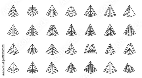 Collection of 28 simple, linear, outline pyramid icons with editable stroke, perfect for web, books, cards, and apps, presented as a vector cartoon illustration on a white background, ideal for