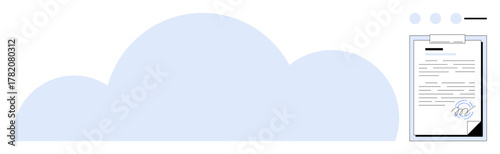 Digital document with signature near large cloud graphic symbolizing cloud storage. Ideal for data security, digital signature, document management, cloud storage, online agreement, e-signature