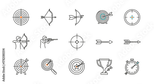 Collection of Aim-Related Line Icons: Featuring Targets, Bows, Arrows, a Sniper, and a Trophy, perfect for Graphic and Web Design, Apps, Advertisements, and Various Cards, presented as a Vector