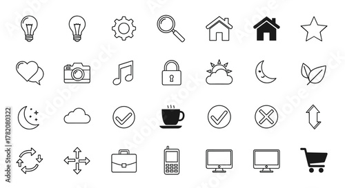 A diverse collection of 30 essential outline and solid icons, presented on a clean white background, featuring symbols for communication, technology, nature, and daily life, perfect for web and app