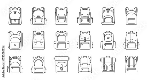 Collection of outline vector images of school bags, tracking backpacks, and hiking rucksacks, featuring editable strokes, perfect for infographics, articles, books, flyers, and banners, offering a