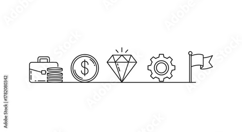 Minimalistic linear pictogram representing business success, featuring a briefcase, stacked coins with a dollar sign, a sparkling diamond, a gear symbolizing process, and a flag indicating