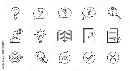 A clean and modern set of outline icons, perfect for representing concepts like questions, ideas, solutions, and decision-making. This vector illustration features a magnifying glass, question marks