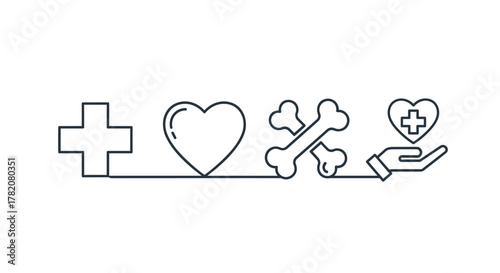 A minimalist, linear icon set symbolizing health and care, featuring a medical cross, a heart, crossed bones, and a hand holding a heart with a cross, representing medical services, well-being, and