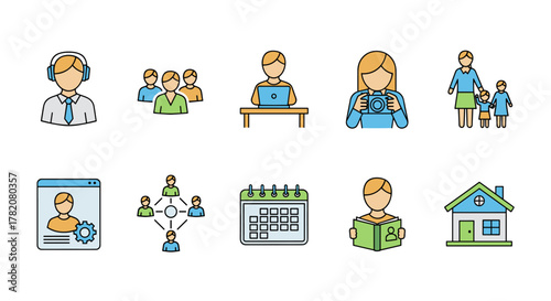 A vibrant and versatile collection of simple, flat-design icons representing various user-related concepts, including staff, teamwork, individual work, hobbies, family, and home, perfect for graphic
