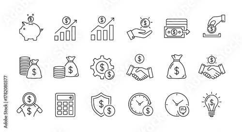 Financial profit set of web icons in line style, money income linear icon collection containing money savings, finance, growth, investment, payment, piggy bank, coins, credit card, calculator