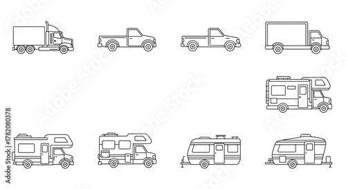 Collection of outline vector icons representing various vehicles including a semi-truck, pickup trucks, box trucks, and different types of motorhomes and campers, perfect for graphic design, web