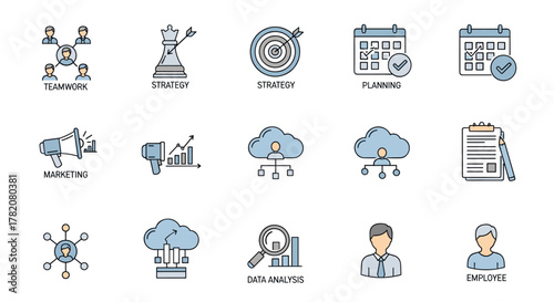 Vivid flat icons set for business, data analysis, organization management, and technology, featuring teamwork, strategy, planning, marketing, cloud technology, and employee representation, perfect