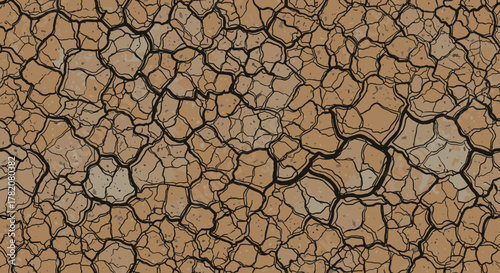 Seamless cracked earth texture in grunge style, hand-drawn line art depicting arid land with intricate patterns, perfect for backgrounds, environmental themes, and drought-related designs, vector