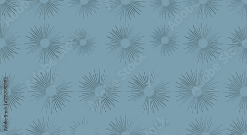 Elegant seamless pattern of stylized sunbursts on a calming blue background, featuring a repeating motif of radiating lines emanating from a central circle, creating a sophisticated and modern