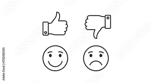 Set of line art icons representing feedback and review concepts: thumbs up and thumbs down symbols for like and dislike, alongside happy and sad emoji faces indicating customer satisfaction, positive