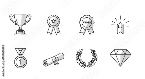 Collection of line icons representing awards and achievements, including a trophy, winner's badge, medal with number one, star award, diploma, laurel wreath, and a diamond, all presented on a clean