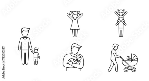Fatherhood and family life line icon set featuring a dad with his son, daughter on shoulders, holding a baby, and pushing a stroller, representing parenting and familial bonds in a clean, modern