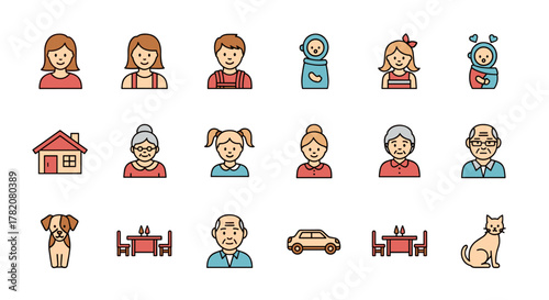 Diverse Family Icon Set: Representing Parents, Mother, Father, Children, Baby, Grandparents, and Household Elements. This Solid Icon Collection Features a Vector Illustration of a Complete Family