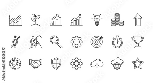 A comprehensive line icon set representing growth, performance, gain, improvement, increase, evolution, and development, featuring elements like upward trending graphs, sprouting plants, stacked
