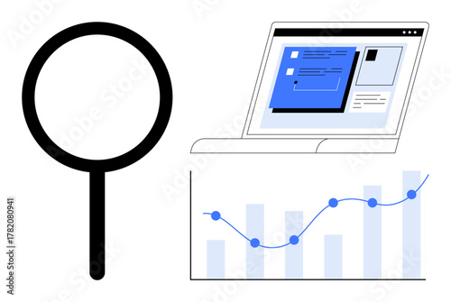 Magnifying glass beside open laptop screen displaying data dashboard and a blue line chart with growth bars. Ideal for analytics, research, optimization, strategy, metrics, progress, simple flat