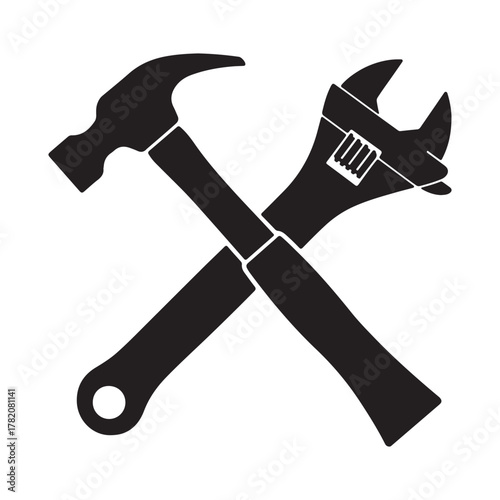 A crossed hammer and adjustable wrench, symbolizing tools, repair, construction, and maintenance in a simple black and white design