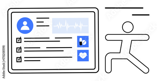 Health dashboard with user profile, heart rate graph, medical checklists, pills, heart icon, and fitness figure. Ideal for healthcare, wellness, productivity fitness digital medicine lifestyle