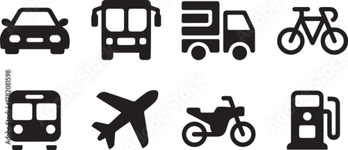 Cartoon transportation icons set vector illustration of vehicles like car, truck, bus, train, van, tractor, and lorry silhouettes for travel and cargo delivery design