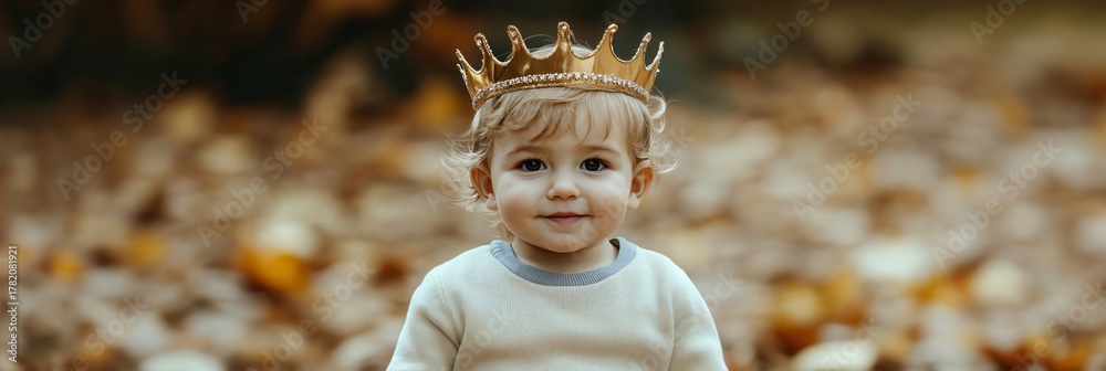 Naklejka premium Little child with a golden crown looking at the viewer. Adorable toddler as king or prince for birthday or fairytale concept. Cute baby portrait. Banner with copy space