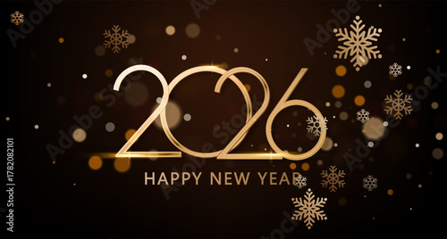 2026 Happy New Year gold numbers on dark background. Luxury festive glowing design