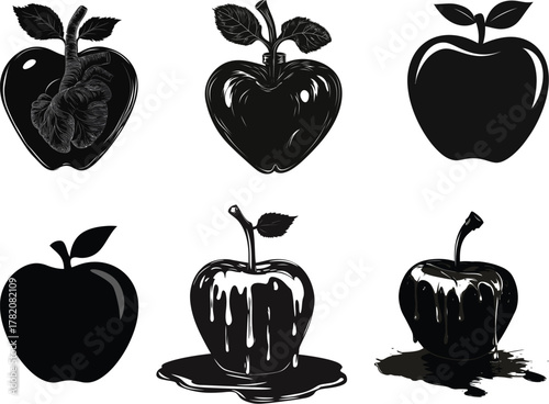 Apple fused with human heart surreal black set silhouette vector