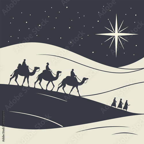 desert journey with camels and people under starry night sky and bright guiding star