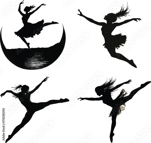 Black Silhouette of a dancer midjump under moonlight set silhouette vector