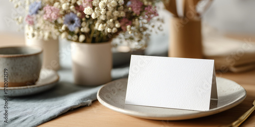 Elegant place setting with flowers and a blank card, perfect for personalization 