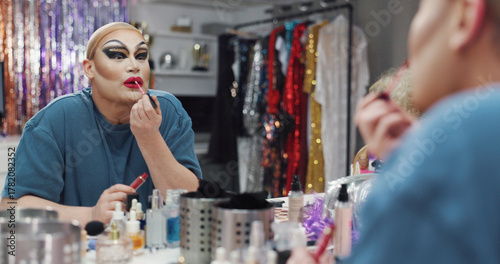 Obraz na płótnie Drag artist, lipstick or person with mirror in dressing room, getting ready or queer culture for show
