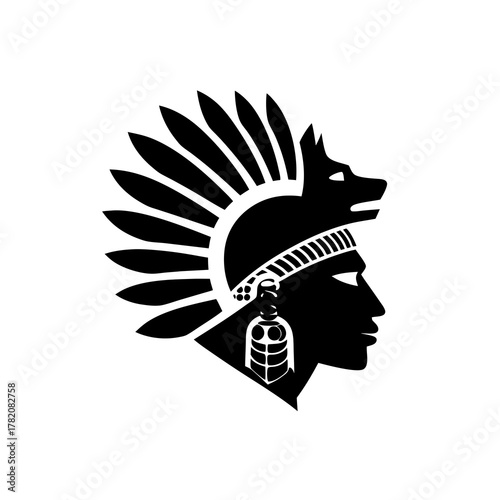 Indigenous tribal leader profile silhouette wearing ceremonial feathered headdress with wolf animal totem design
