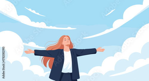 A woman opens her arms to the sky feeling empowered and free.