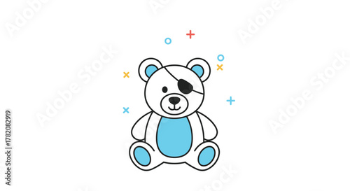 A cute teddy bear with an eye patch and playful confetti.